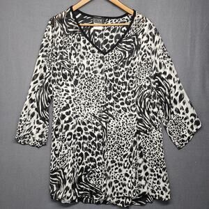 Vintage Gitane Top Women XL Black White Semi Sheer Animal Print Made in Canada